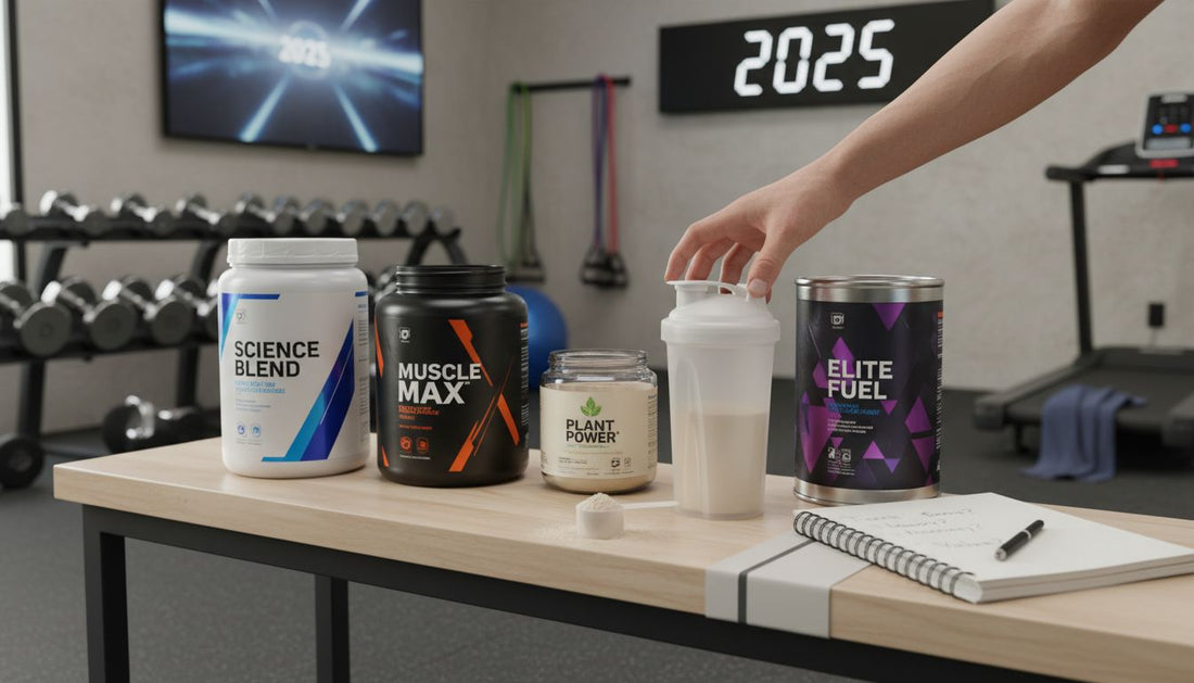 Modern gym with various protein powders on bench