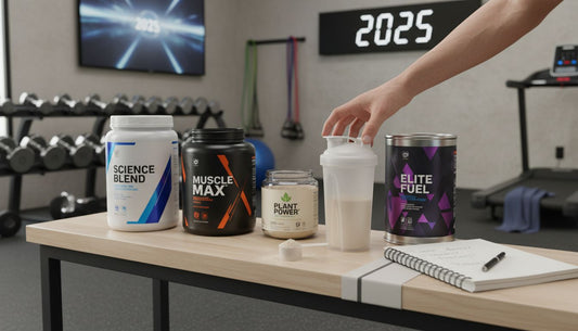Modern gym with various protein powders on bench