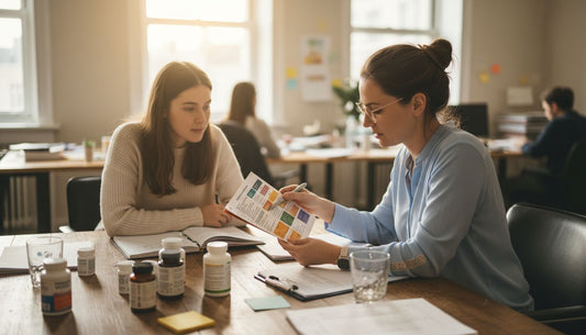 Nutritionist consulting about vitamins in clinic