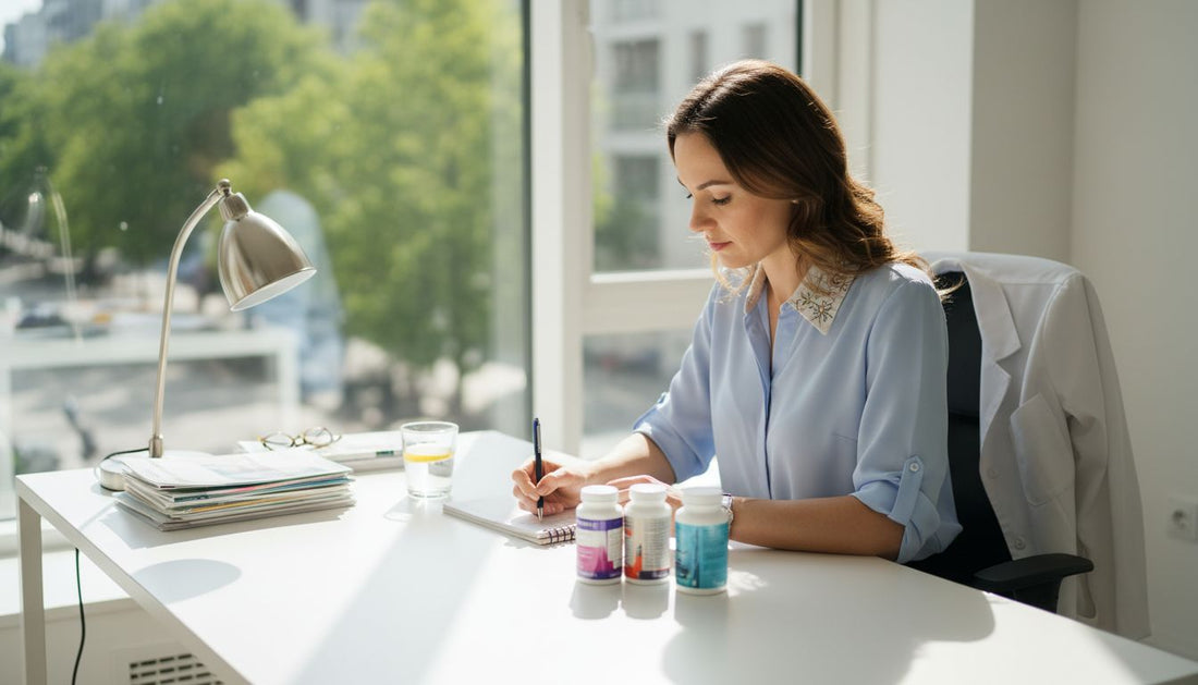 Nutritionist reviews energy supplement bottles at desk