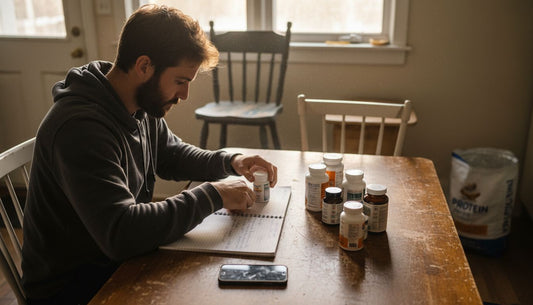 Man organizing supplement bottles at kitchen table