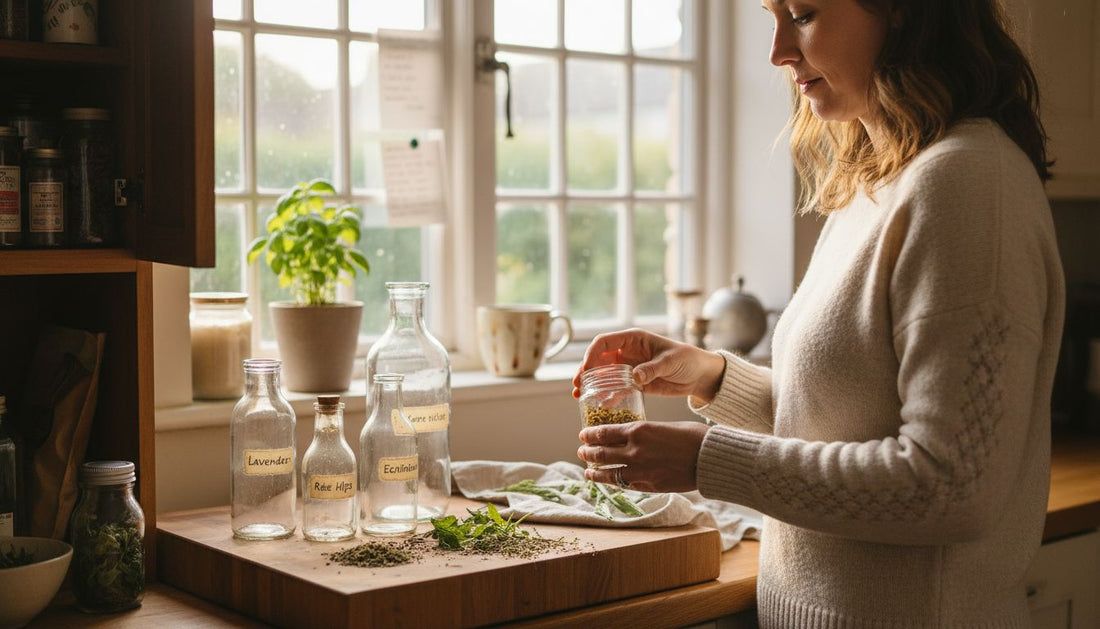 Woman holding jar of chamomile among herbal supplements