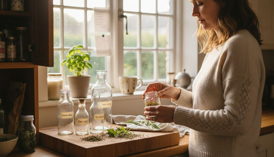 Woman holding jar of chamomile among herbal supplements