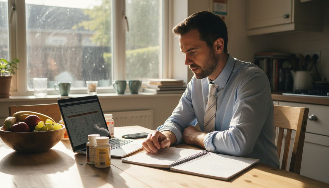 Nutritionist choosing supplements at kitchen table