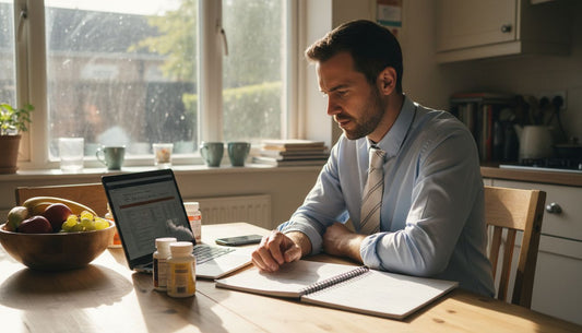 Nutritionist choosing supplements at kitchen table