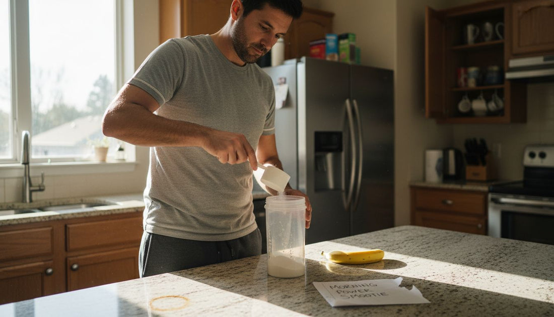 Man preparing protein shake in sunny kitchen