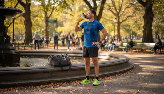 Jogger taking hydration supplement after run
