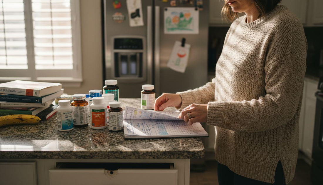 Woman organizing supplement bottles on kitchen counter