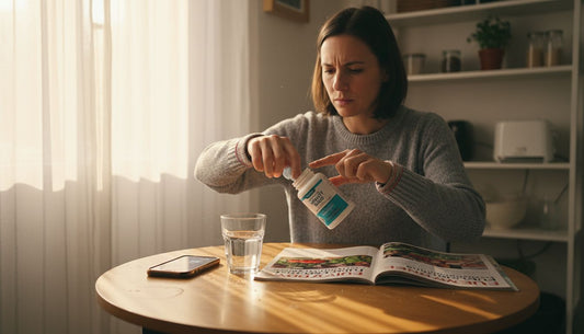 Woman reading capsule supplement label at kitchen table