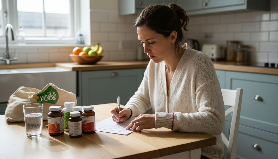 Woman reviewing supplement checklist at kitchen table