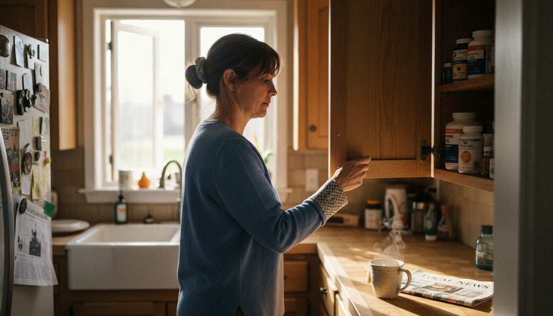 Woman checking supplements in kitchen