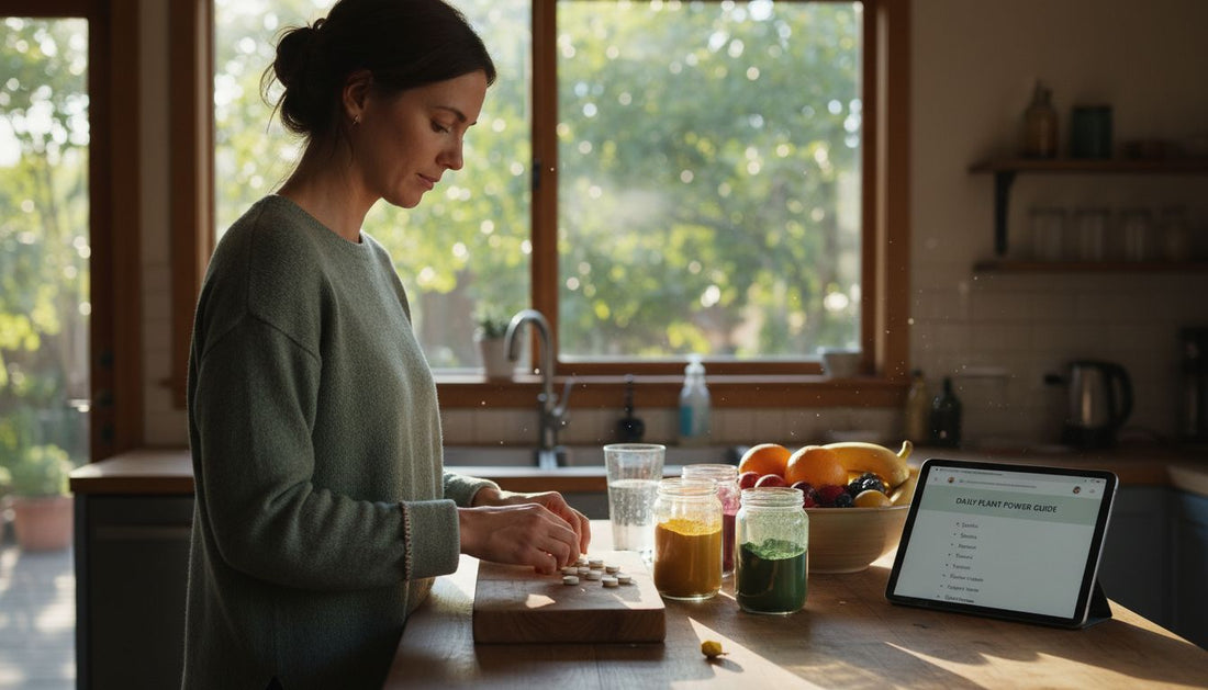 Woman preparing wellness plant-based supplements