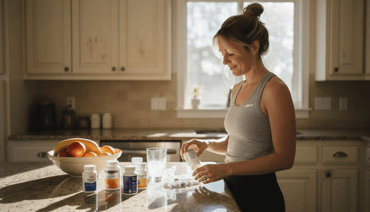 Woman sorting supplements on kitchen counter