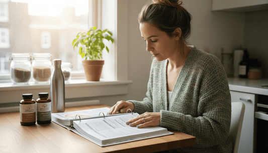 Nutritionist reviewing sustainable supplement reports