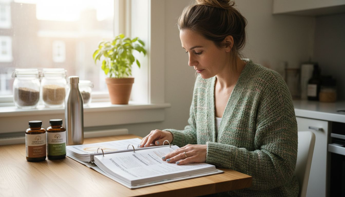 Nutritionist reviewing sustainable supplement reports
