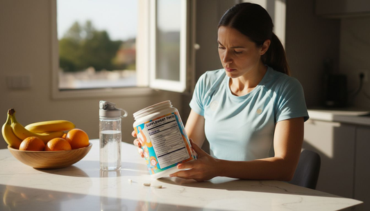 Woman reading supplement label at kitchen island