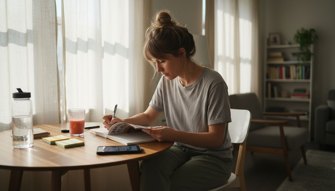 Woman making wellness plan at home table
