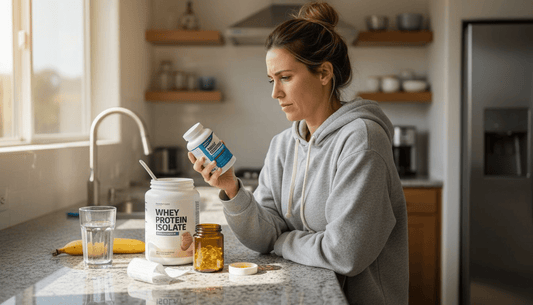 Woman reading supplement label at kitchen counter