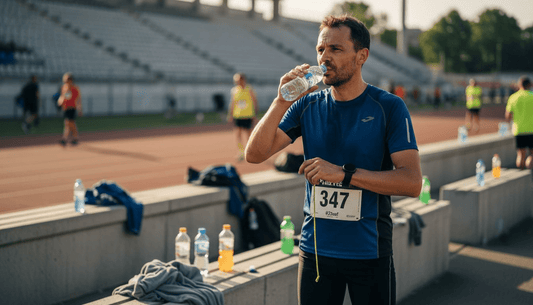 Runner hydrating at sports track station