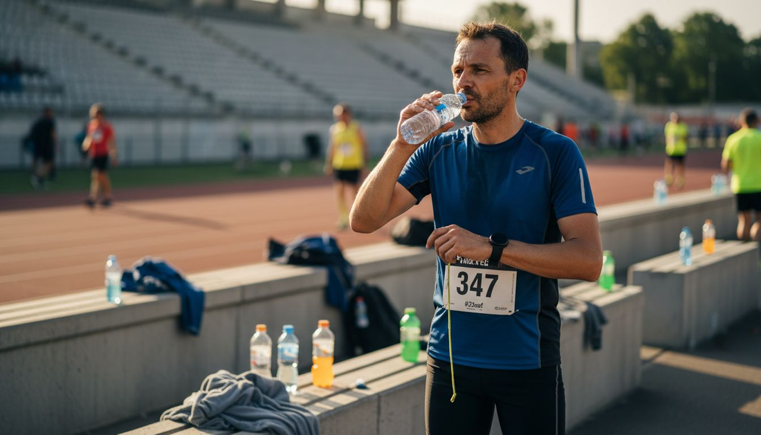Runner hydrating at sports track station