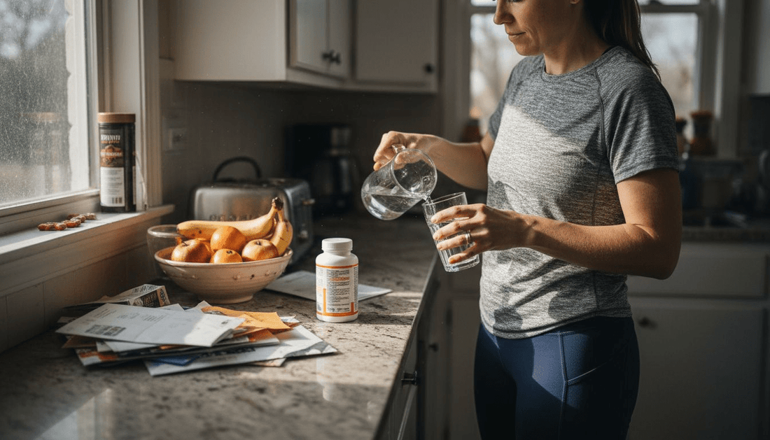 Woman taking multivitamin in home kitchen
