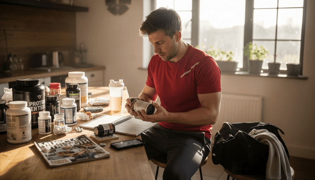 Athlete organizing supplements at kitchen island