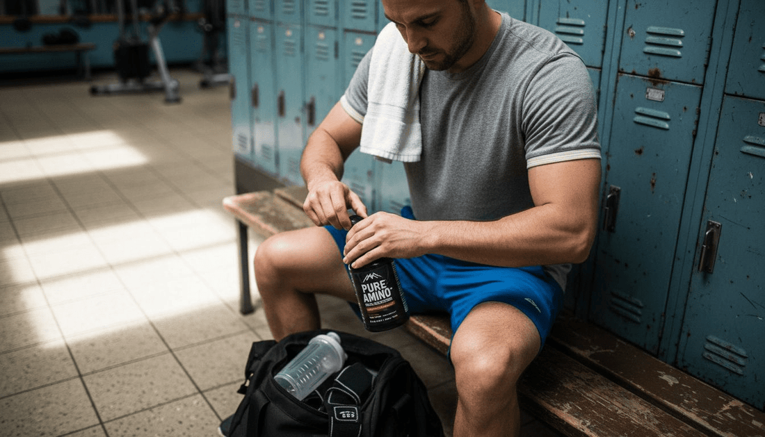 Athlete opening BCAA supplement in gym locker room
