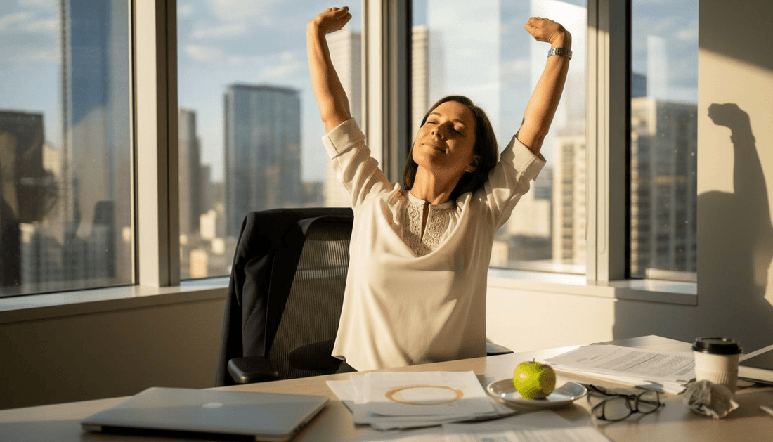 Woman stretching while working in sunny office