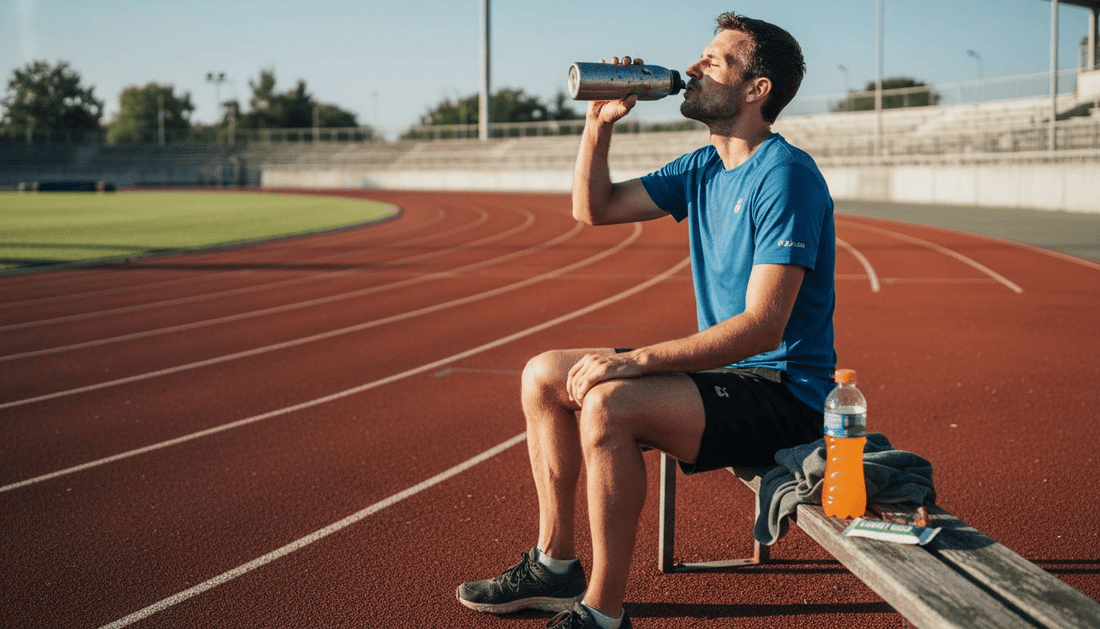 Athlete hydrating trackside with morning sun