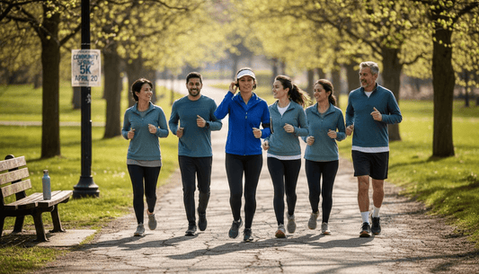 Adults jogging together on a leafy path