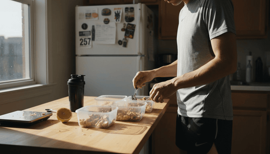 Runner preparing balanced meal in kitchen
