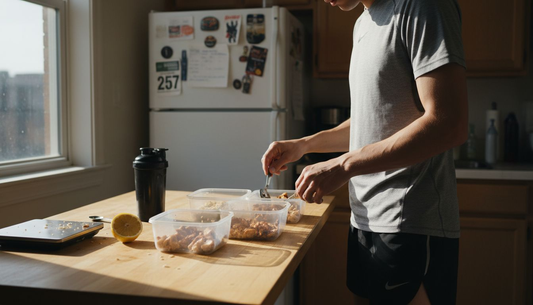 Runner preparing balanced meal in kitchen