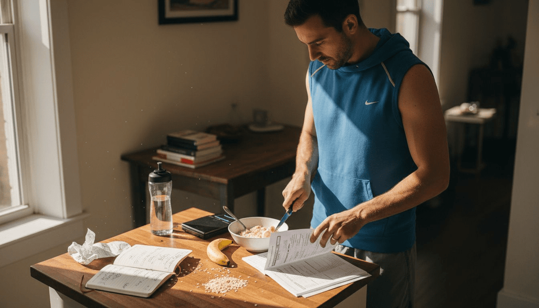 Athlete preparing healthy breakfast at kitchen