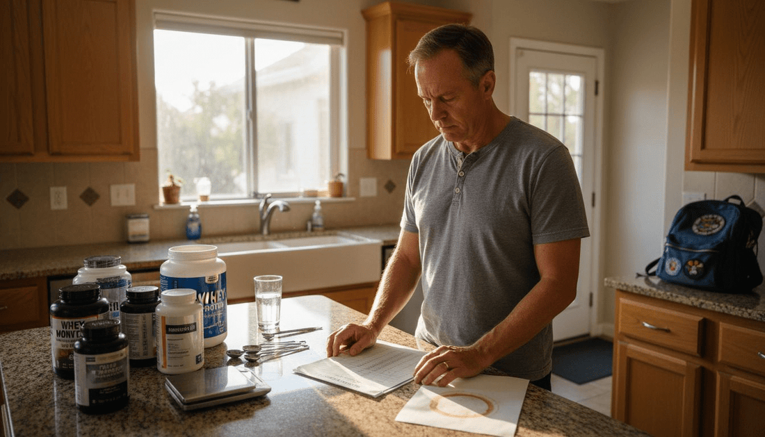 Man preparing supplements at kitchen counter