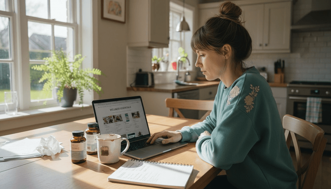 Woman shopping wellness products at kitchen table