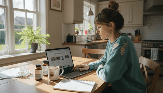 Woman shopping wellness products at kitchen table