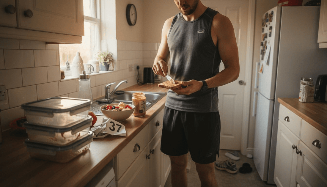 Athlete making breakfast in home kitchen