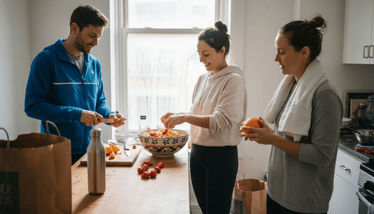 Active adults making fruit salad in kitchen