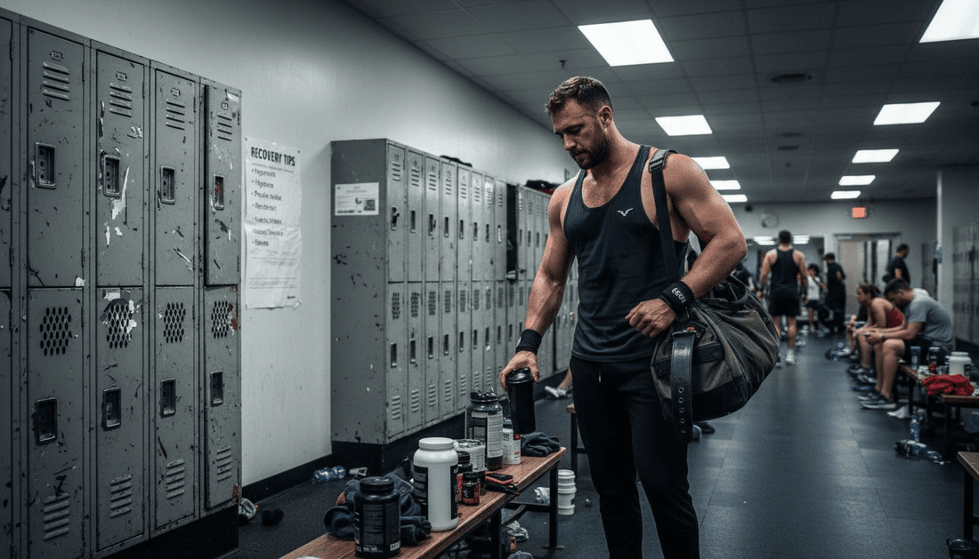 Muscular athlete prepares supplements in gym locker room