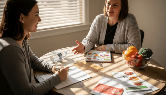 Nutritionist consulting with client and vitamin C foods