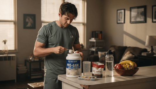 Athlete preparing supplements in home kitchen
