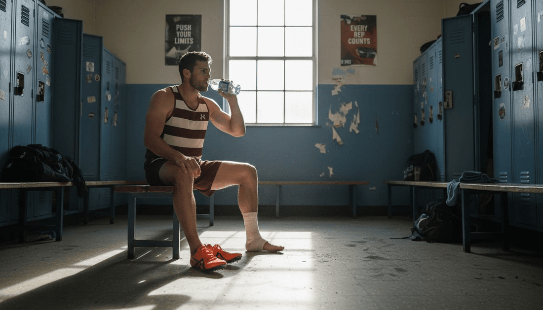 Athlete stretching after workout in locker room