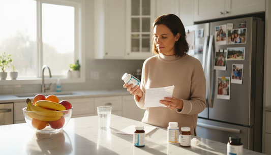 Woman comparing supplement bottles in sunlit kitchen
