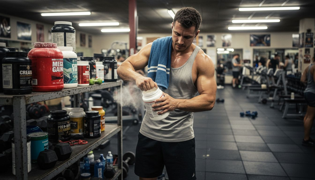 Athlete with supplements on cluttered gym shelf