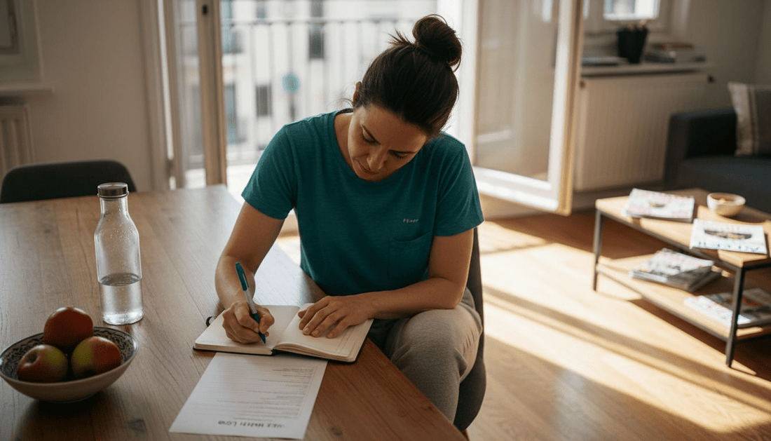 Woman writing wellness goals at home table