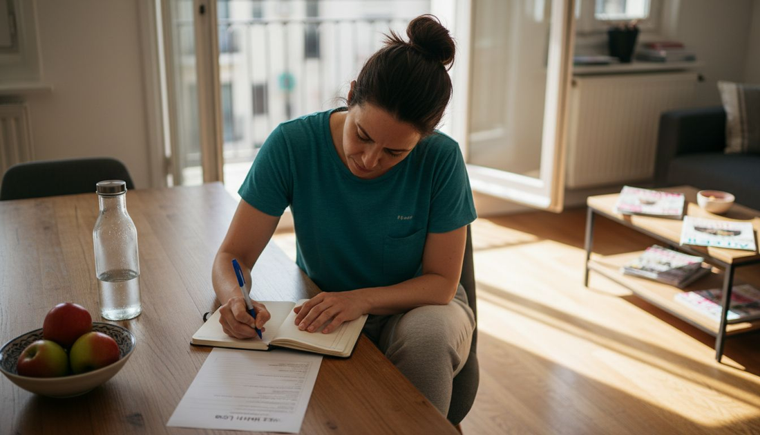Woman writing wellness goals at home table