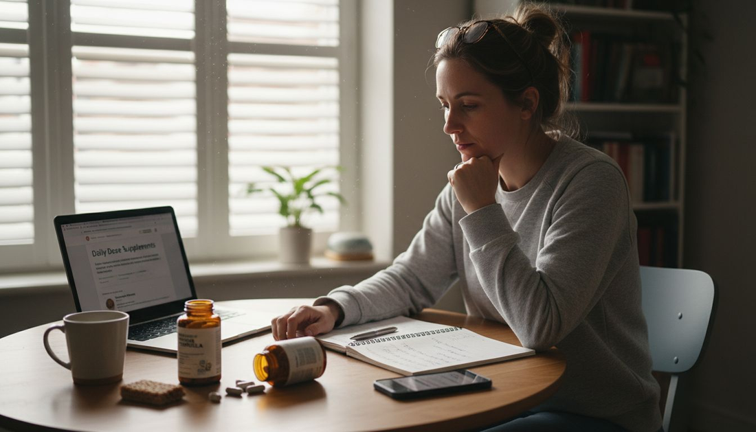 Woman compares supplements online at kitchen table