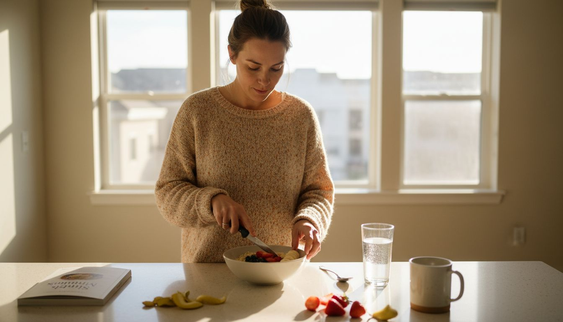 Woman preparing healthy breakfast at kitchen counter
