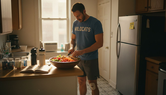 Athlete preparing healthy meal in kitchen