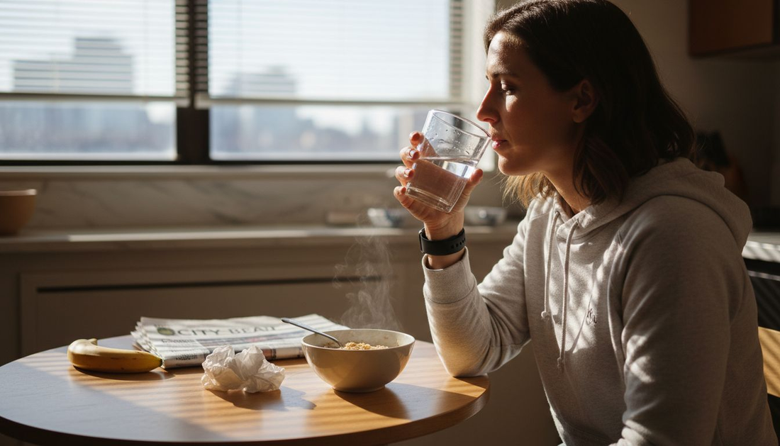Woman taking B12 tablet at breakfast table